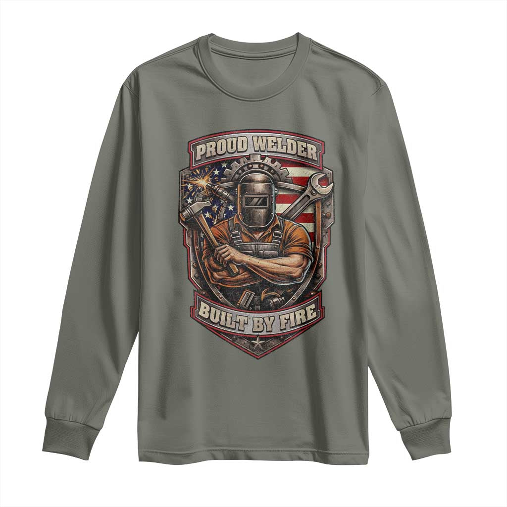 Vintage Proud American Welder Long Sleeve Shirt Built By Fire Blue Collar Dad Gift