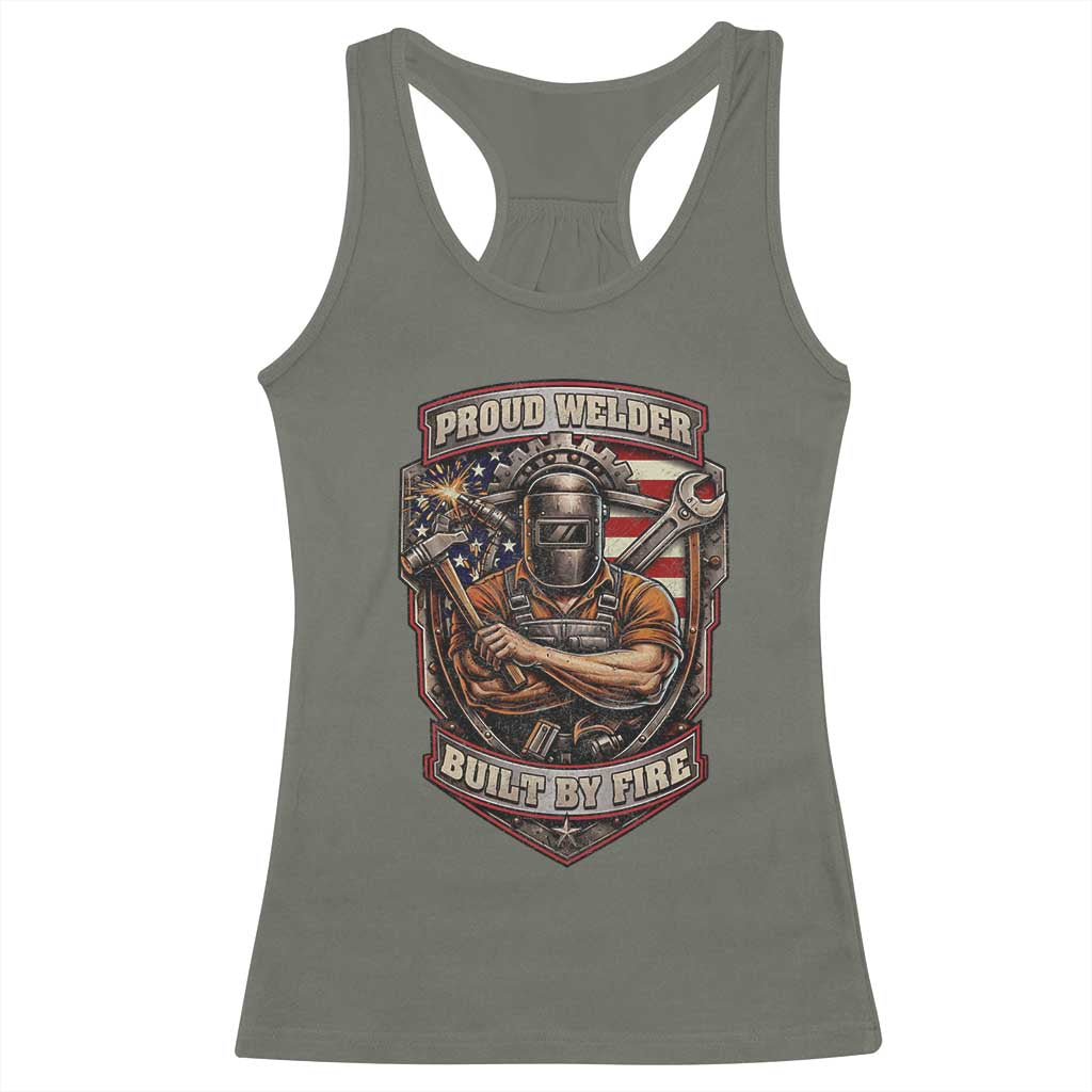 Vintage Proud American Welder Racerback Tank Top Built By Fire Blue Collar Dad Gift