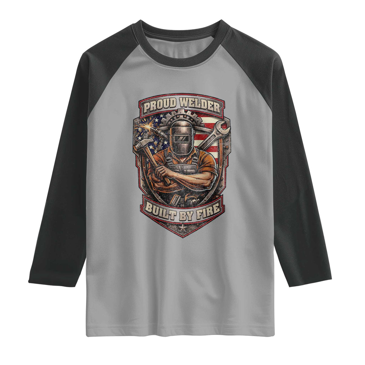 Vintage Proud American Welder Raglan Shirt Built By Fire Blue Collar Dad Gift