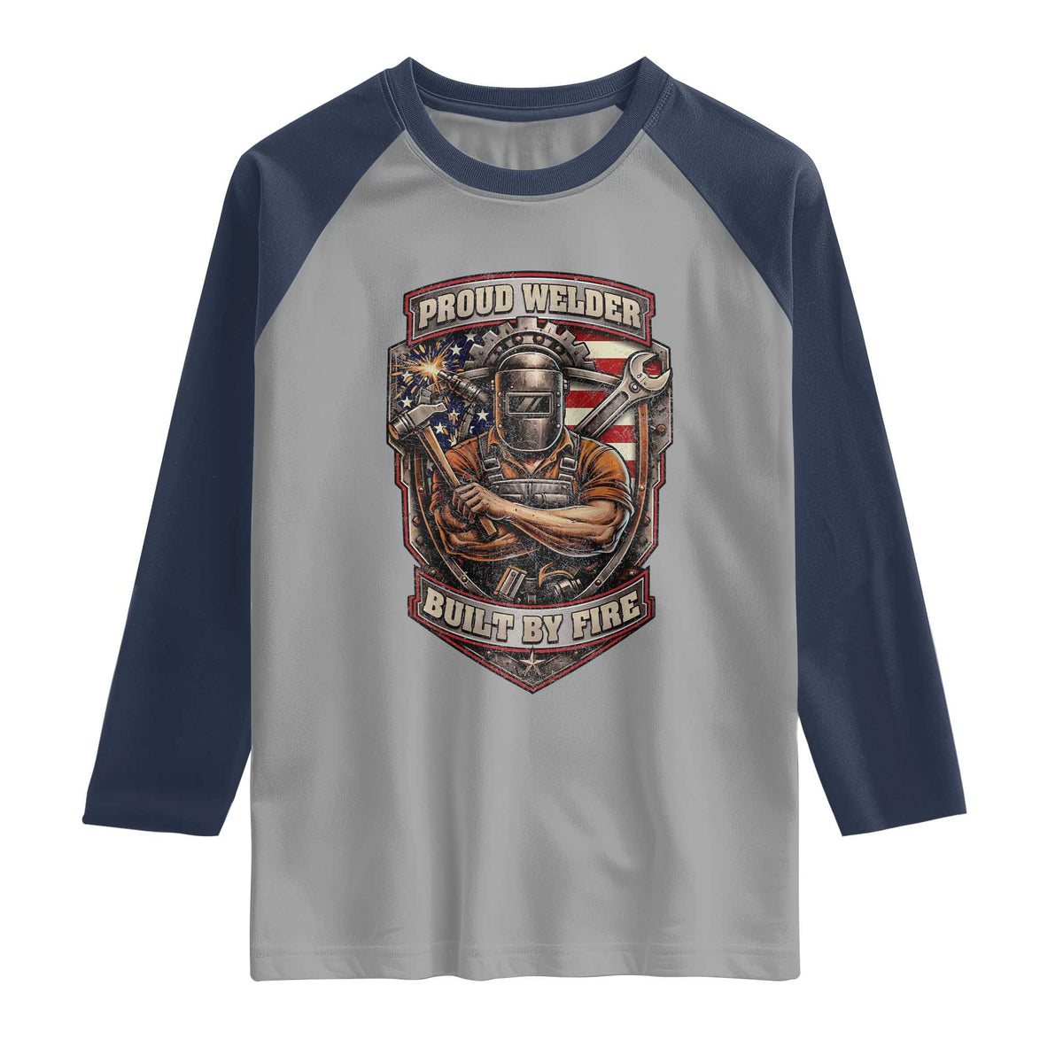 Vintage Proud American Welder Raglan Shirt Built By Fire Blue Collar Dad Gift