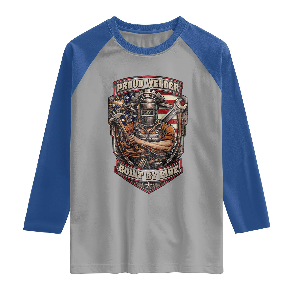 Vintage Proud American Welder Raglan Shirt Built By Fire Blue Collar Dad Gift