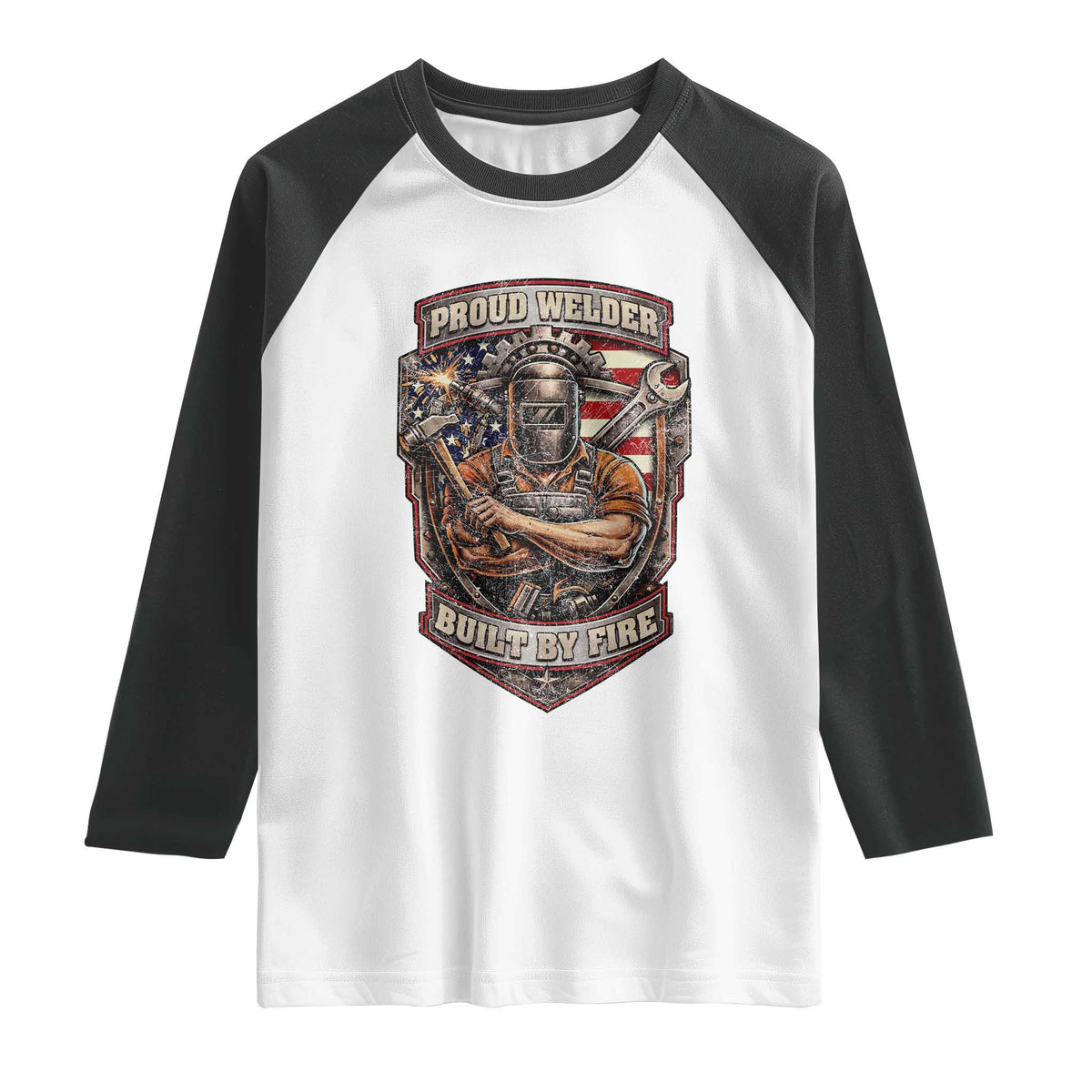 Vintage Proud American Welder Raglan Shirt Built By Fire Blue Collar Dad Gift