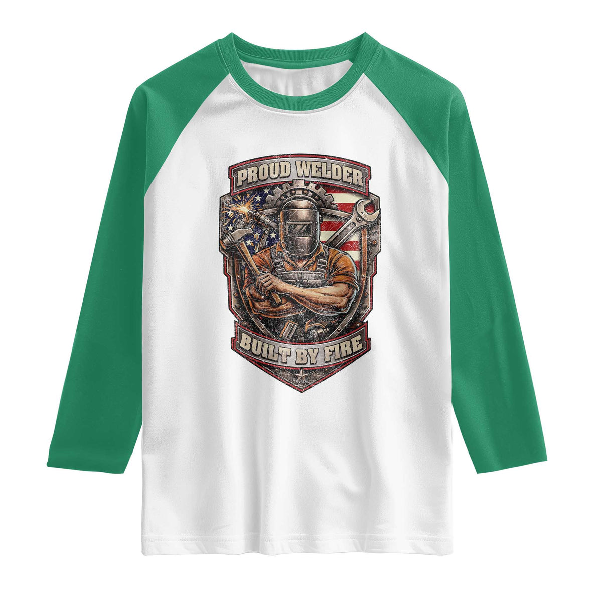 Vintage Proud American Welder Raglan Shirt Built By Fire Blue Collar Dad Gift