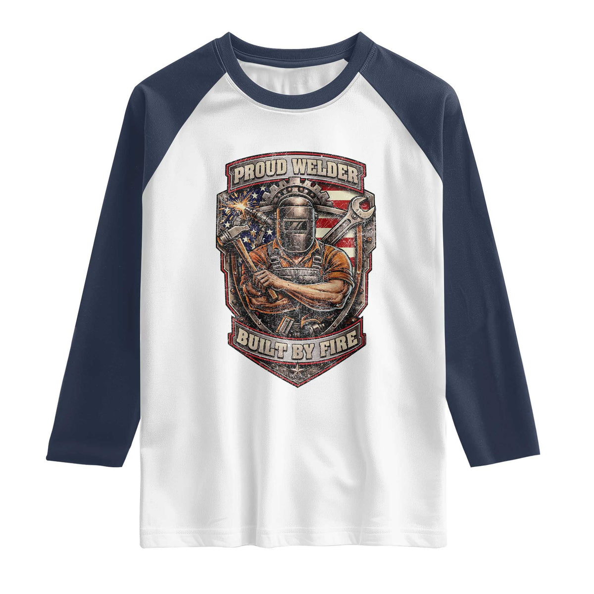 Vintage Proud American Welder Raglan Shirt Built By Fire Blue Collar Dad Gift