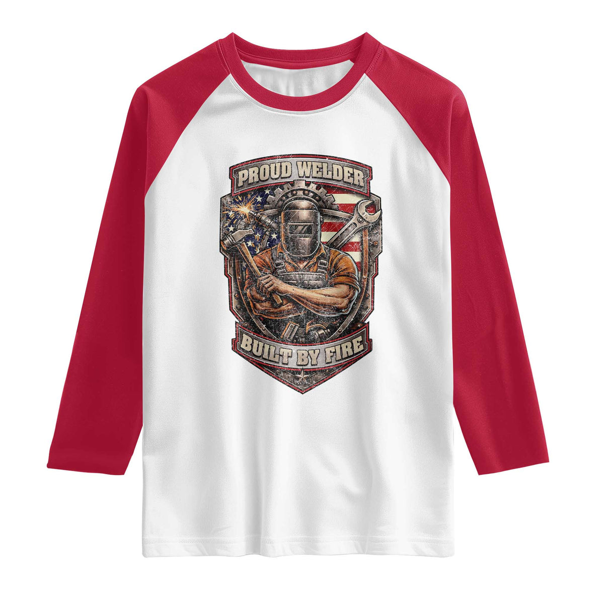 Vintage Proud American Welder Raglan Shirt Built By Fire Blue Collar Dad Gift
