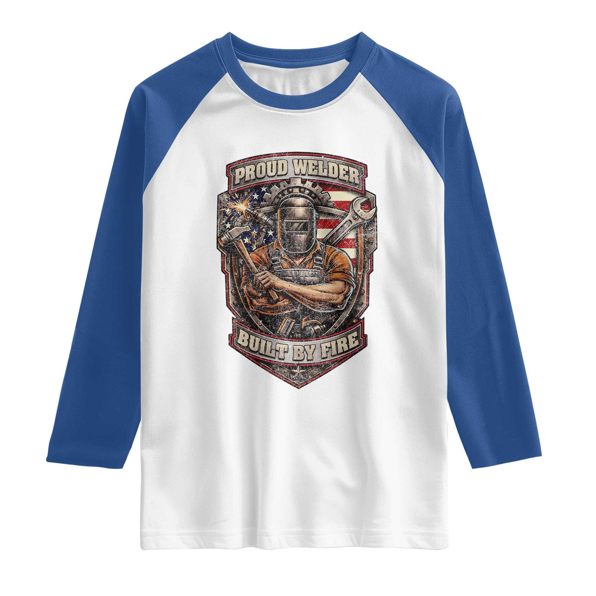 Vintage Proud American Welder Raglan Shirt Built By Fire Blue Collar Dad Gift