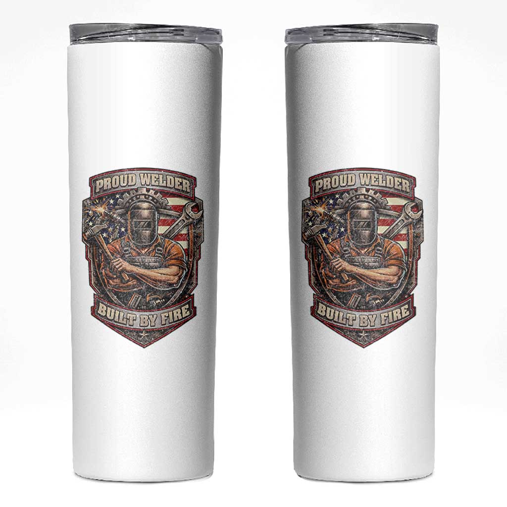Vintage Proud American Welder Skinny Tumbler Built By Fire Blue Collar Dad Gift