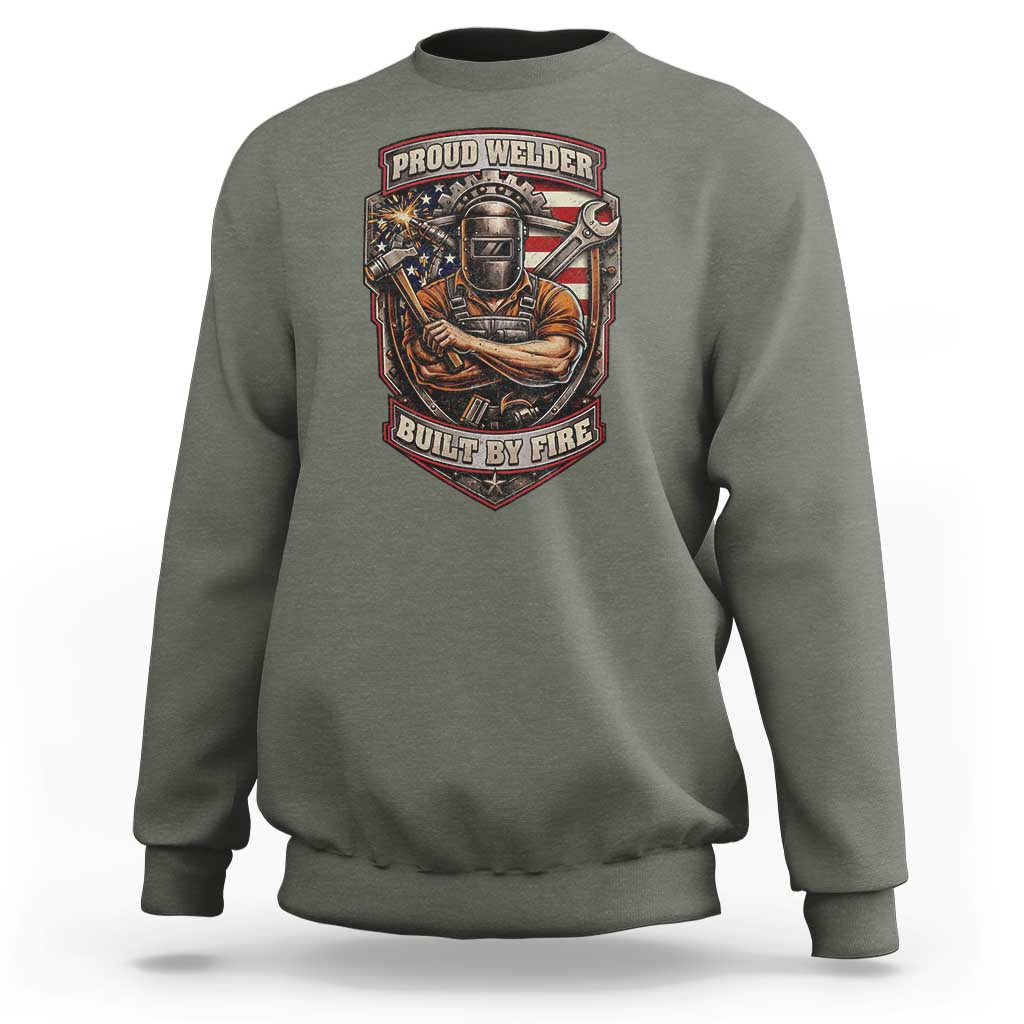 Vintage Proud American Welder Sweatshirt Built By Fire Blue Collar Dad Gift