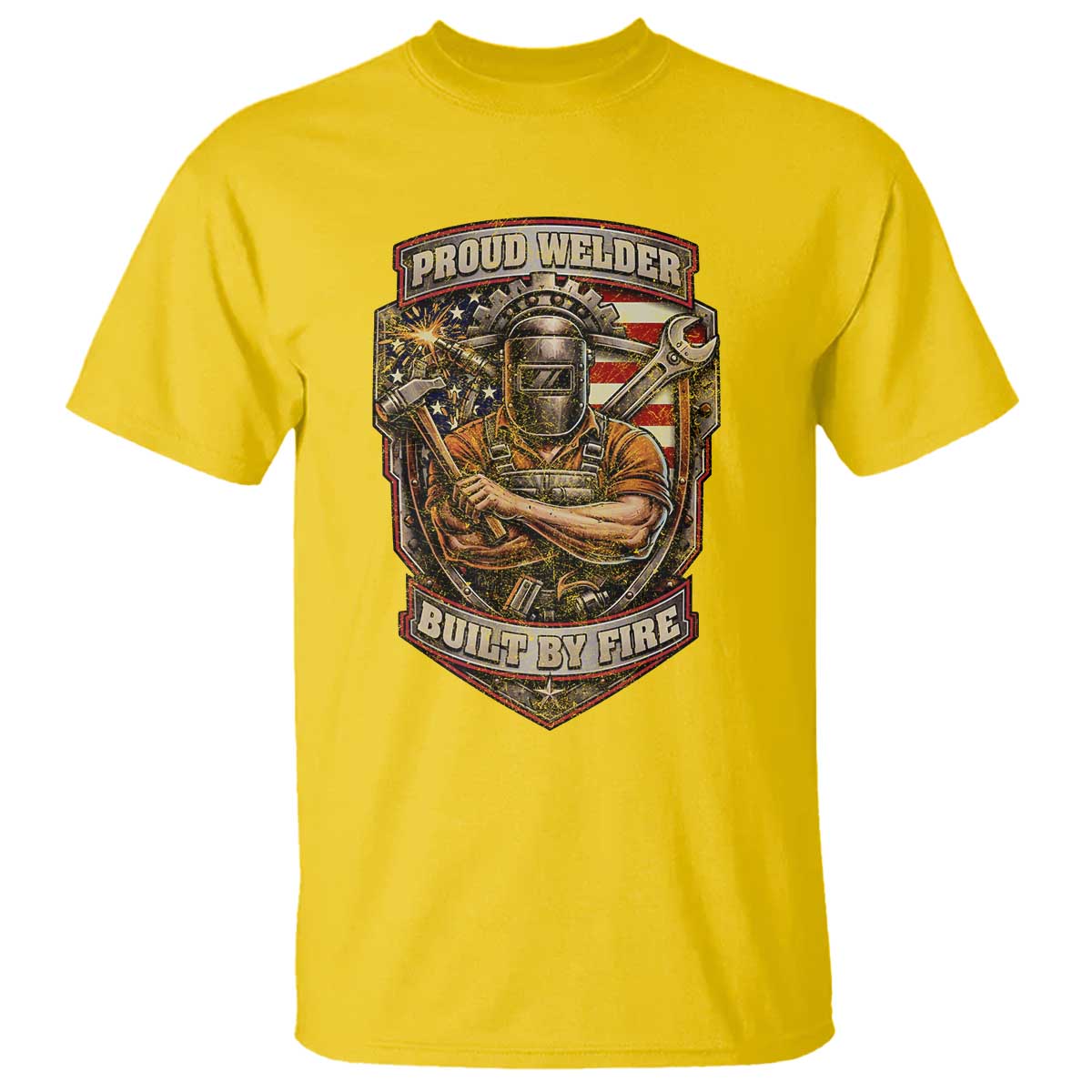 Vintage Proud American Welder T Shirt Built By Fire Blue Collar Dad Gift