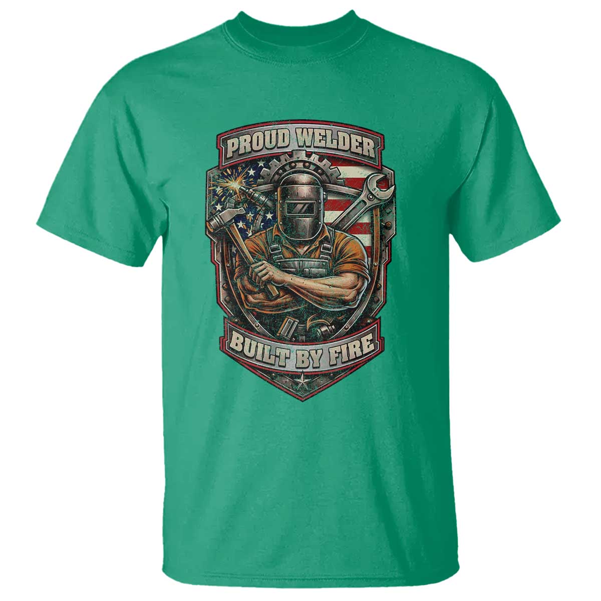 Vintage Proud American Welder T Shirt Built By Fire Blue Collar Dad Gift