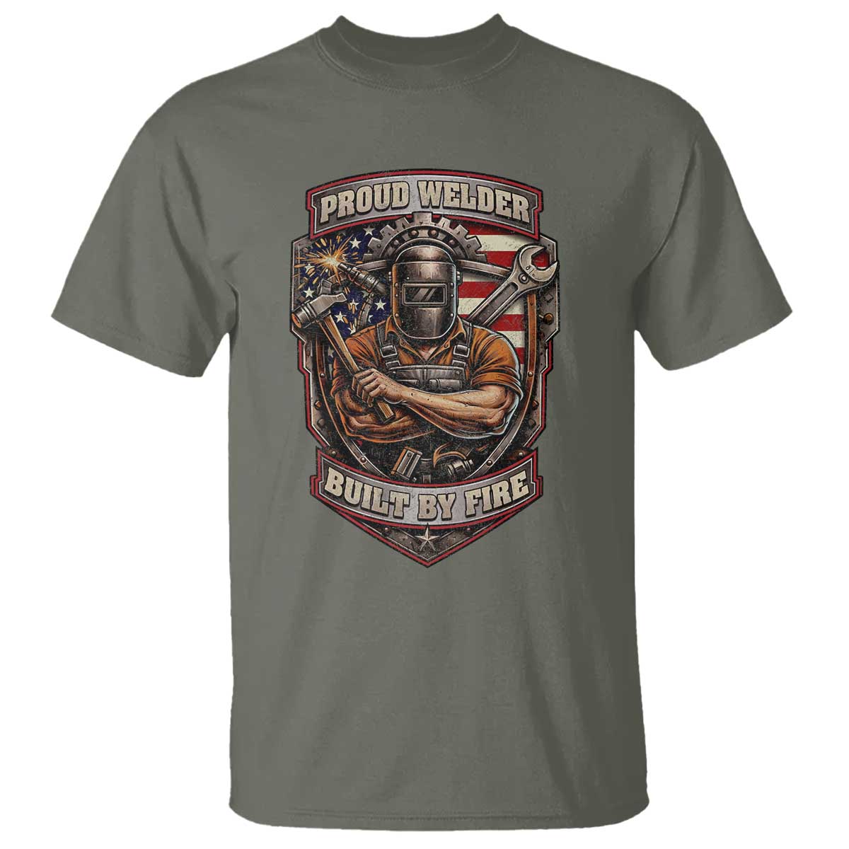 Vintage Proud American Welder T Shirt Built By Fire Blue Collar Dad Gift