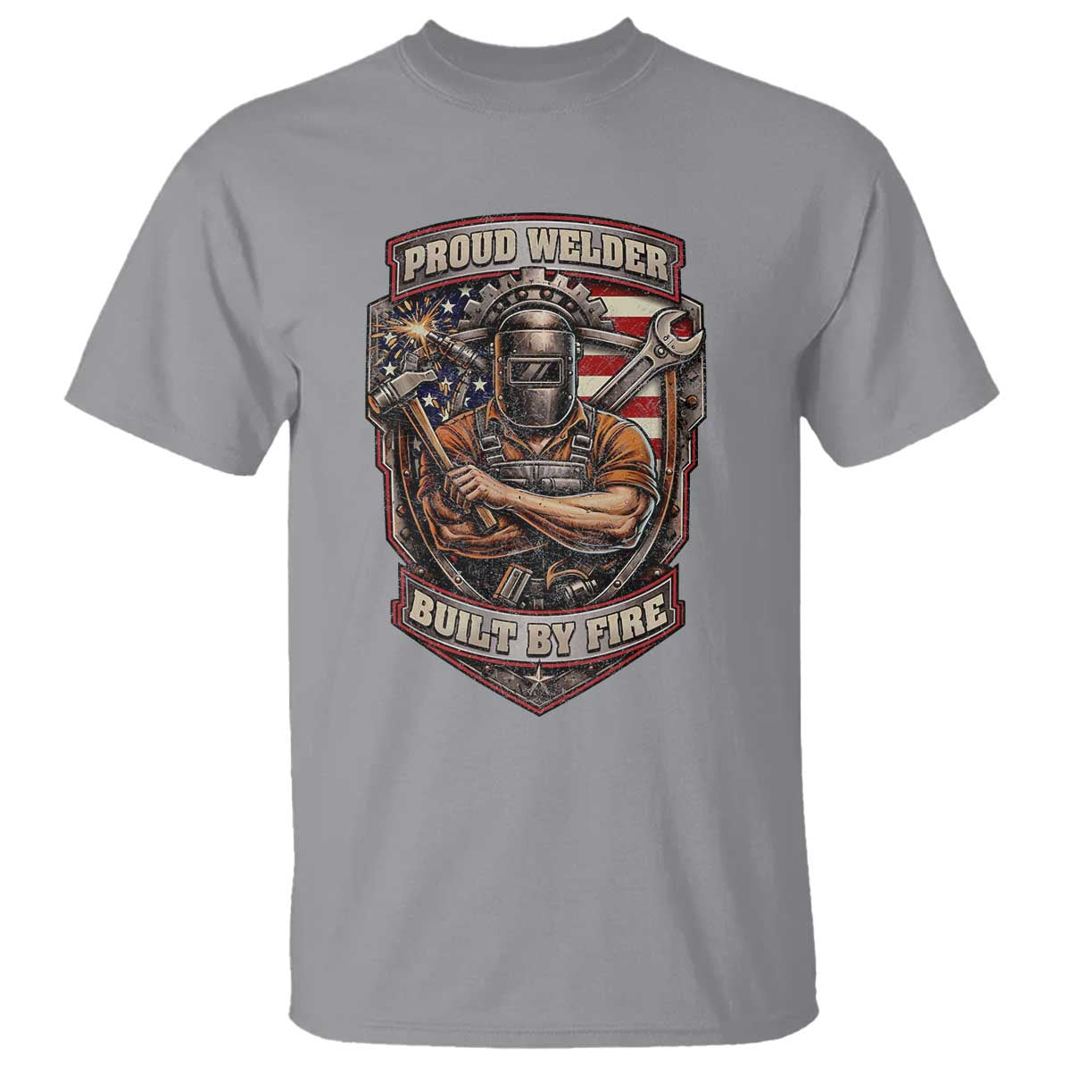 Vintage Proud American Welder T Shirt Built By Fire Blue Collar Dad Gift