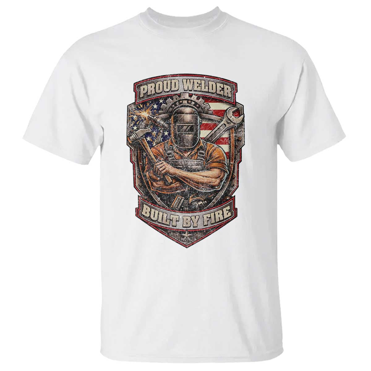 Vintage Proud American Welder T Shirt Built By Fire Blue Collar Dad Gift