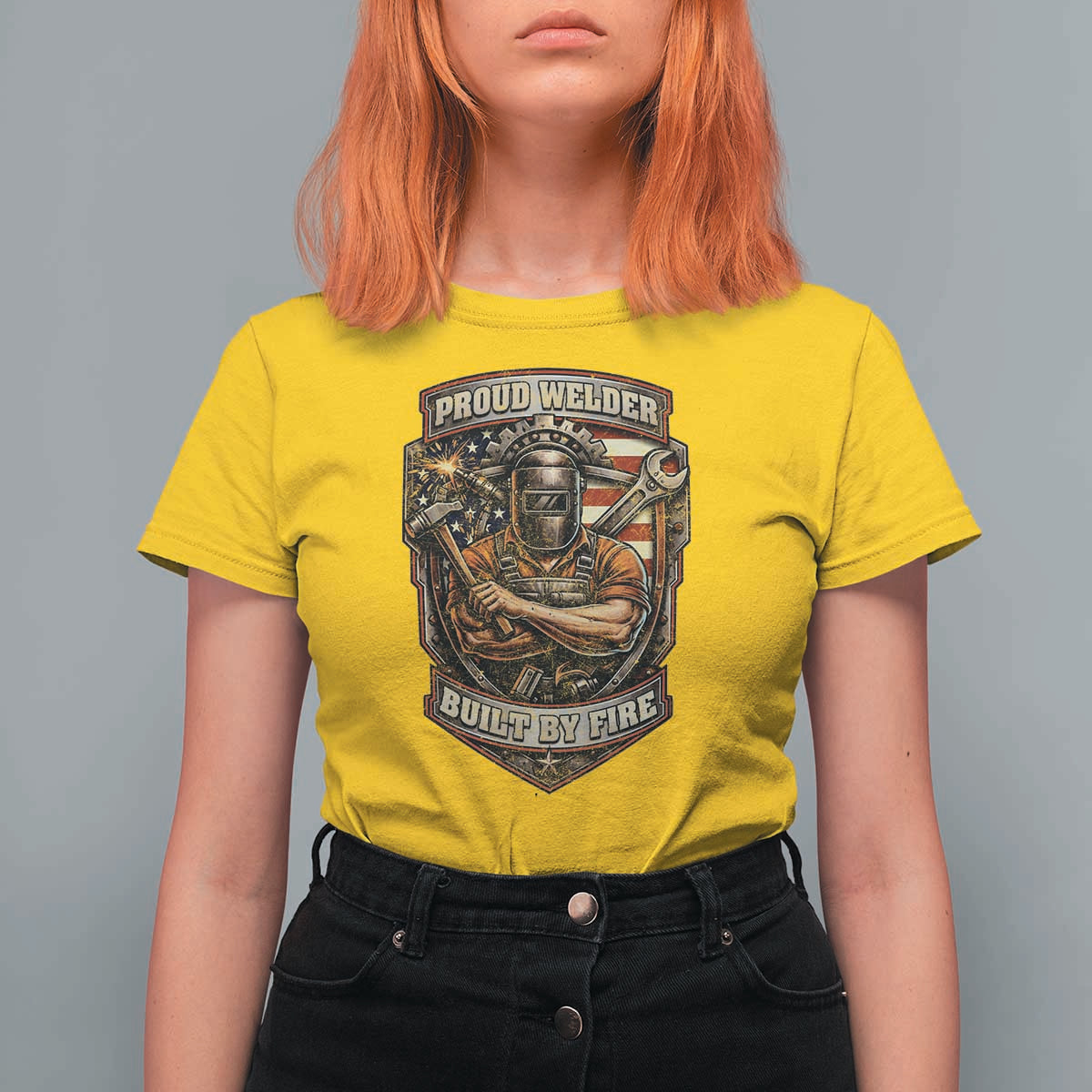 Vintage Proud American Welder T Shirt For Women Built By Fire Blue Collar Dad Gift