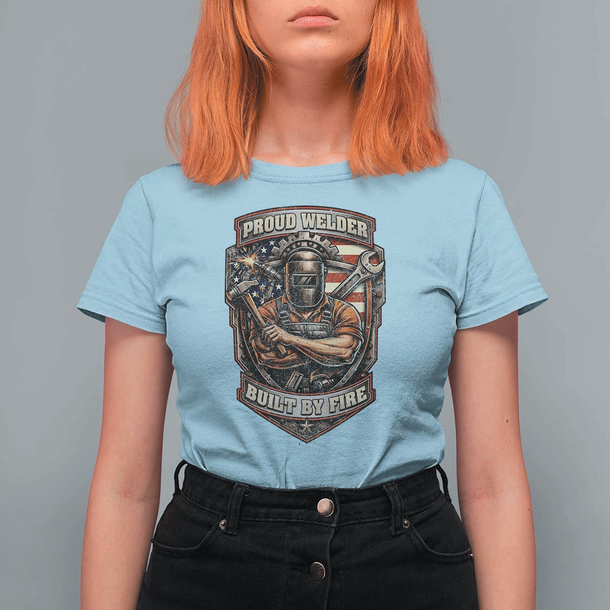 Vintage Proud American Welder T Shirt For Women Built By Fire Blue Collar Dad Gift