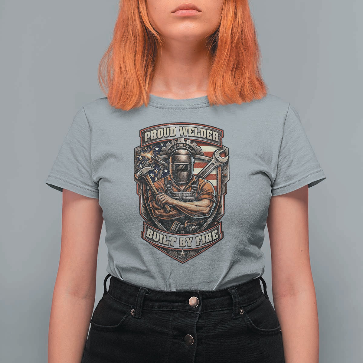 Vintage Proud American Welder T Shirt For Women Built By Fire Blue Collar Dad Gift