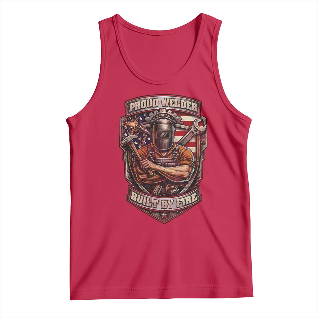 Vintage Proud American Welder Tank Top Built By Fire Blue Collar Dad Gift