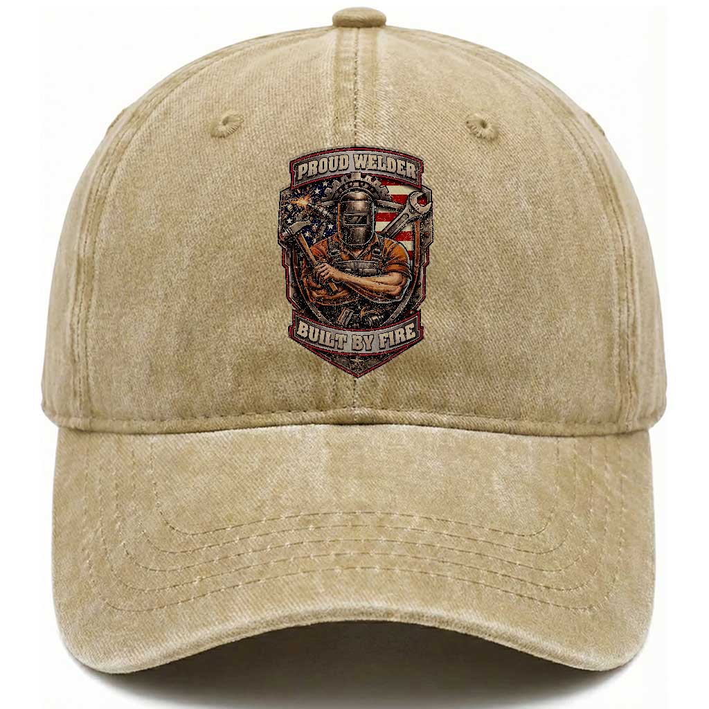 Vintage Proud American Welder Washed Cotton Baseball Cap Built By Fire Blue Collar Dad Gift
