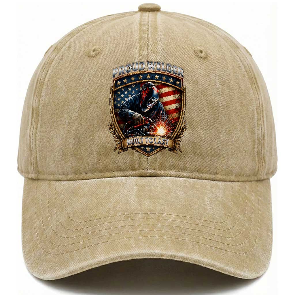 Built To Last Proud Welder Washed Cotton Baseball Cap Blue Collar American Dad Gift