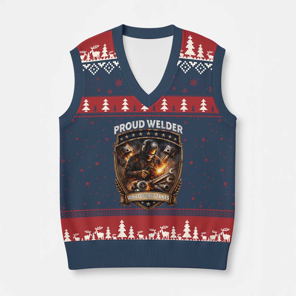 Proud Welder Whatever It Takes V-Neck Knit Sweater Vest Vintage Mechanic Workwear
