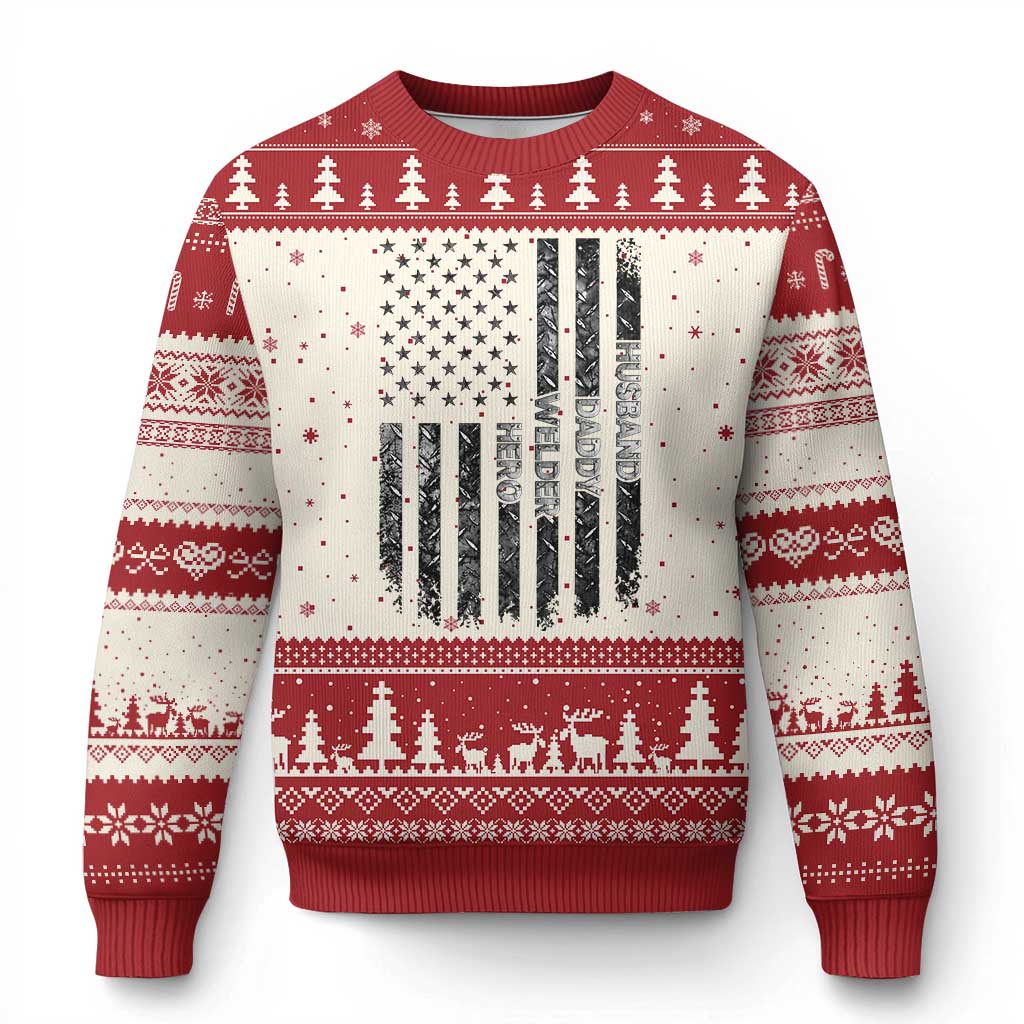 Husband Daddy Welder Hero Ugly Christmas Sweater Patriotic Welding American Flag Graphic