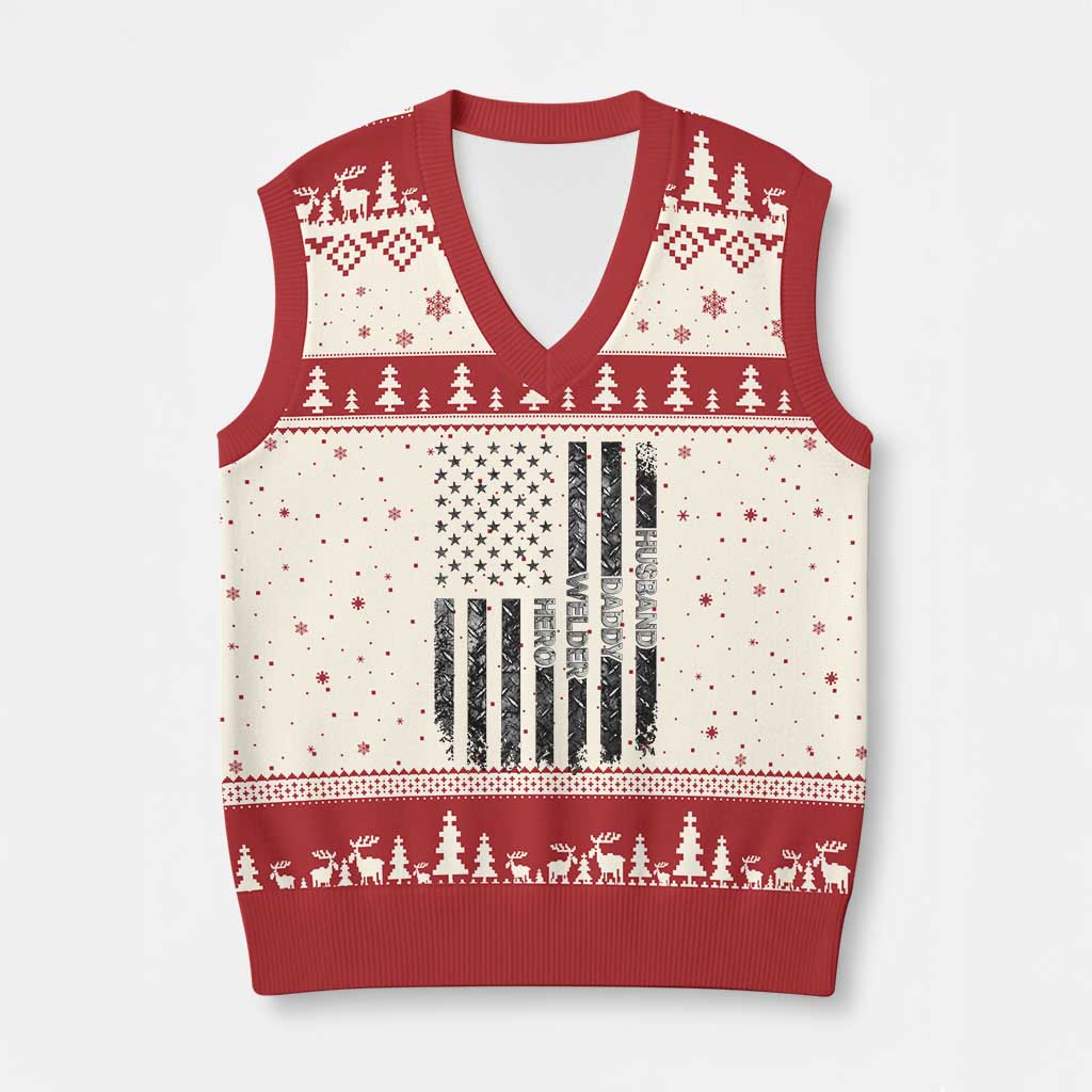 Husband Daddy Welder Hero V-Neck Knit Sweater Vest Patriotic Welding American Flag Graphic