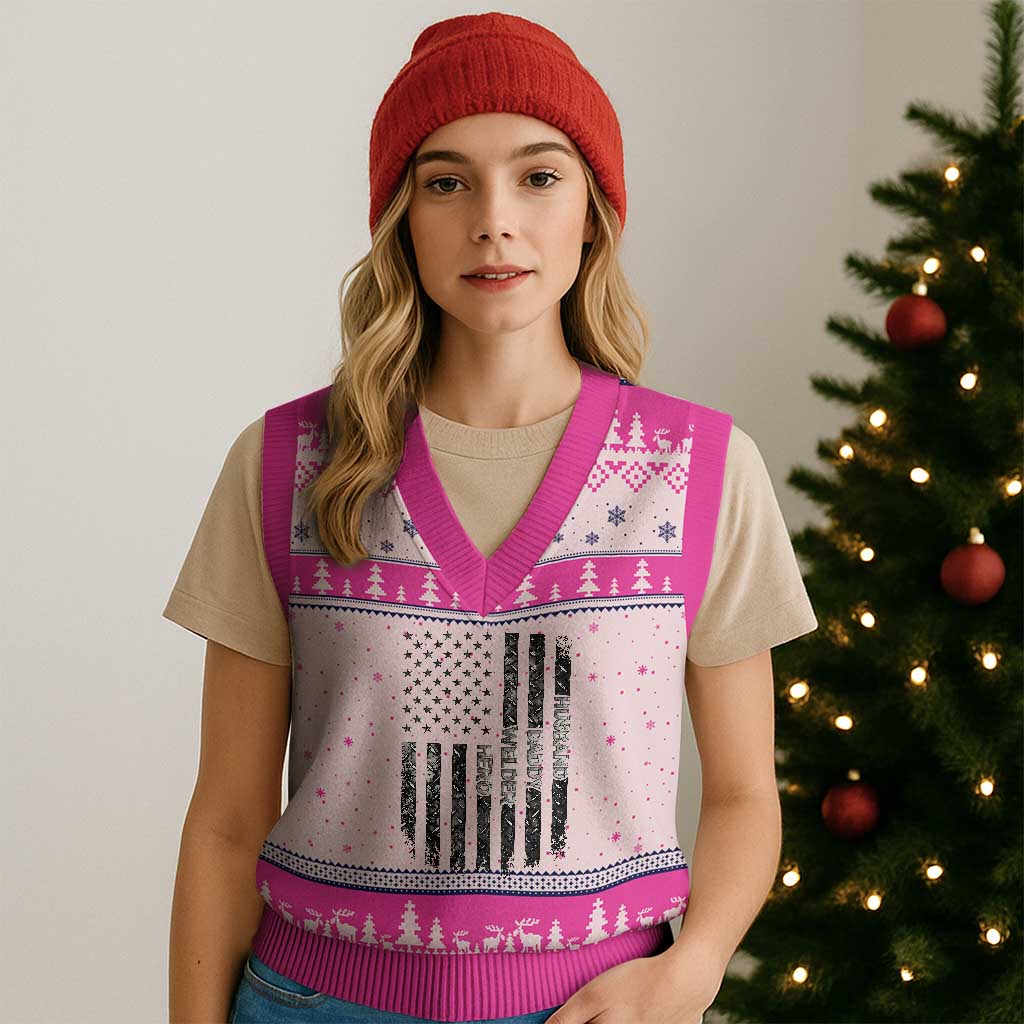 Husband Daddy Welder Hero V-Neck Knit Sweater Vest Patriotic Welding American Flag Graphic