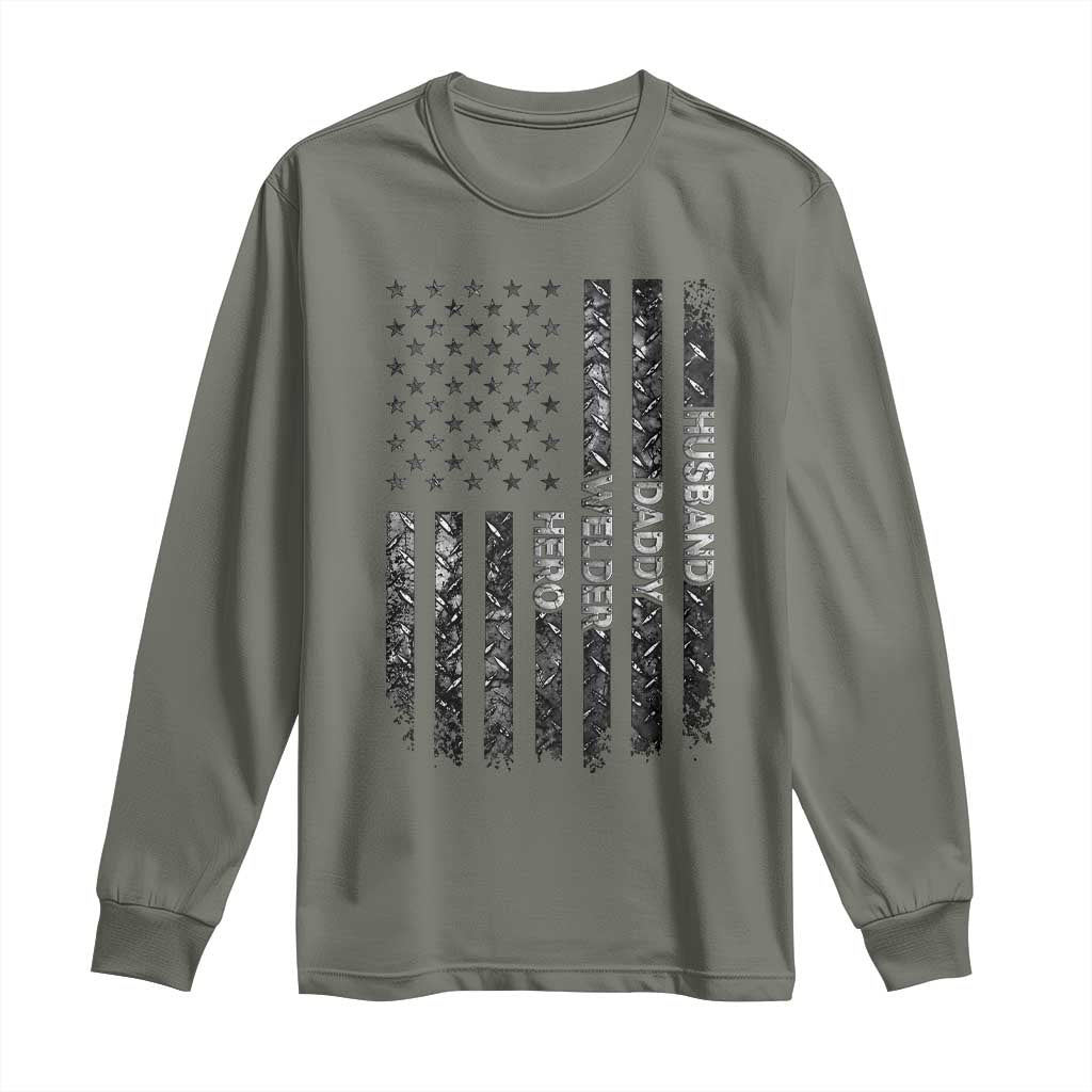 Husband Daddy Welder Hero Long Sleeve Shirt Patriotic Welding American Flag Graphic