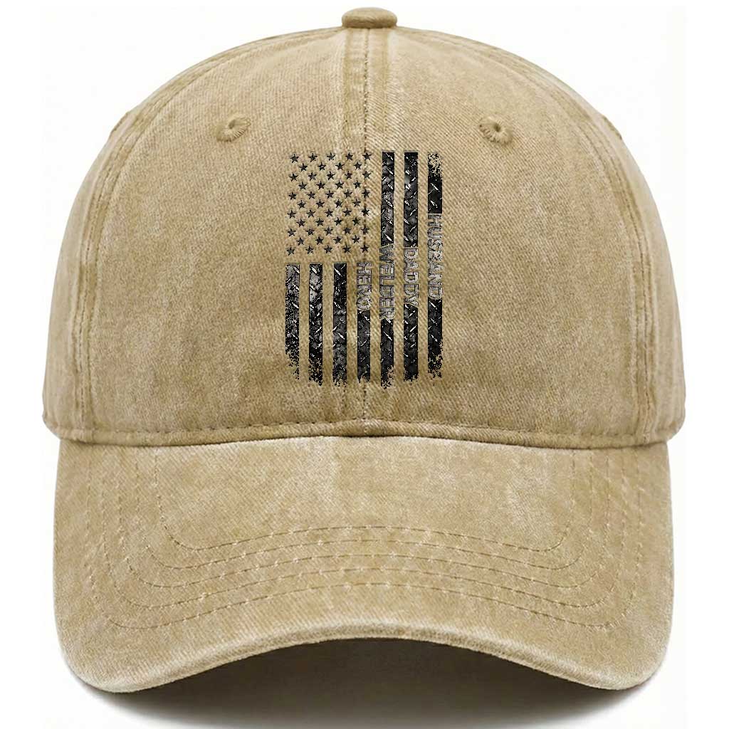 Husband Daddy Welder Hero Washed Cotton Baseball Cap Patriotic Welding American Flag Graphic