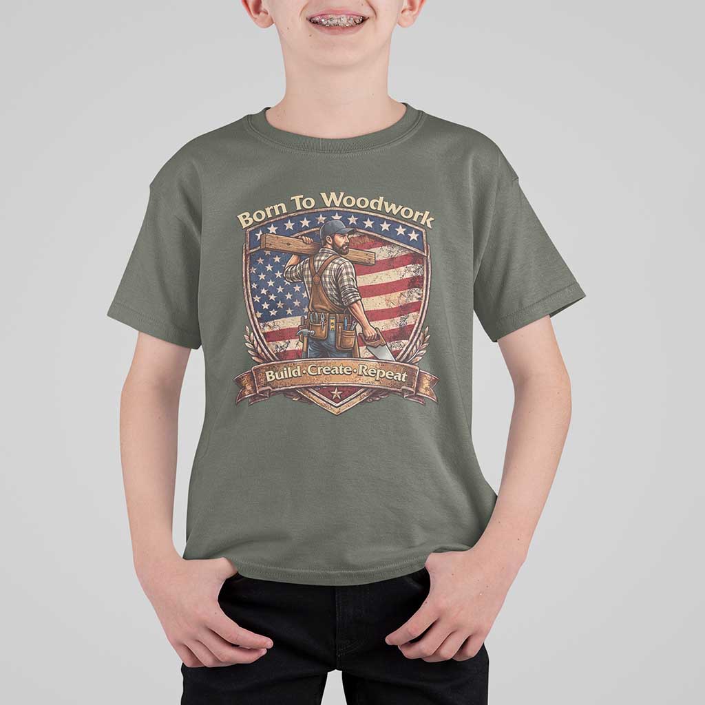 Proud American Woodworker T Shirt For Kid Born To Woodwork Patriotic Gift