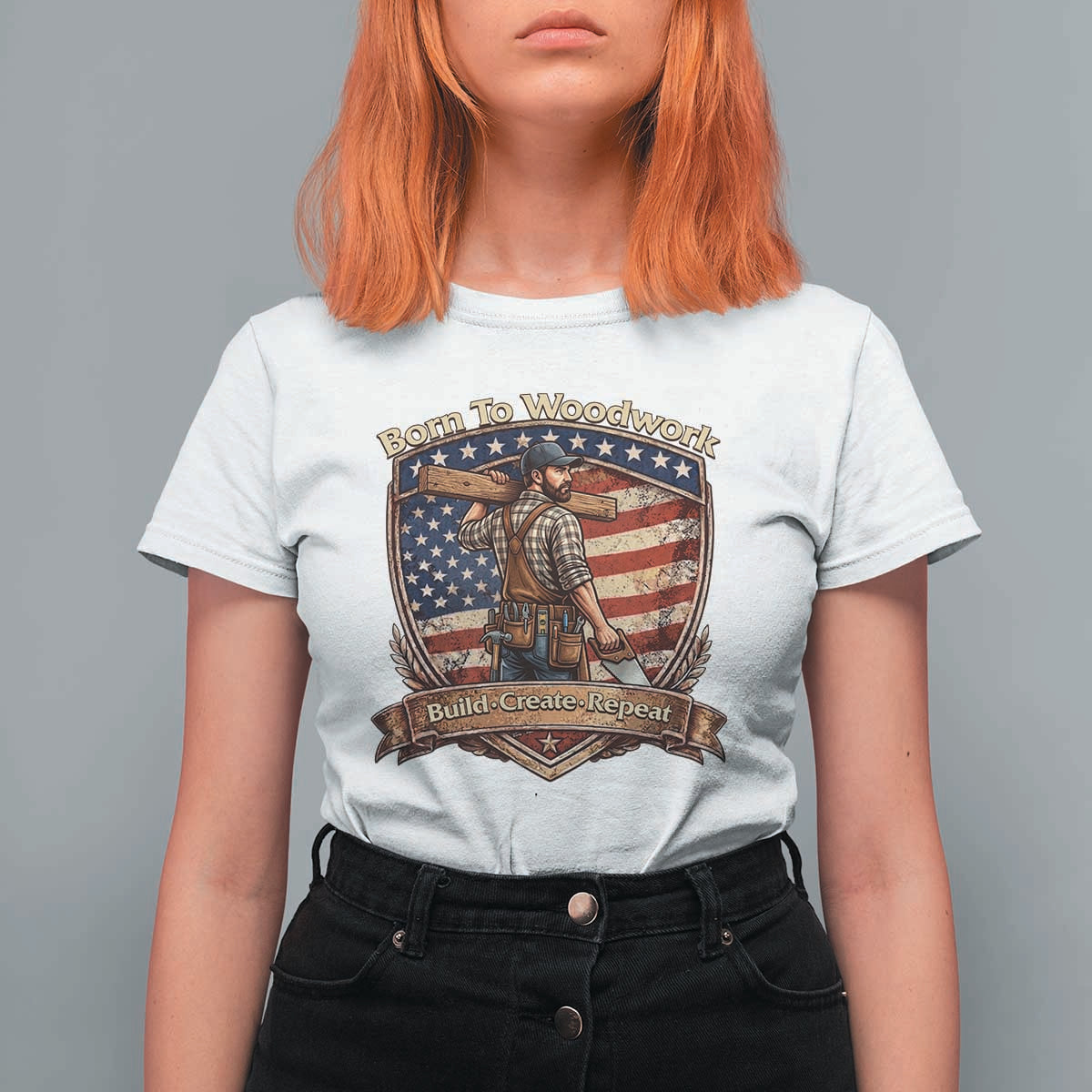 Proud American Woodworker T Shirt For Women Born To Woodwork Patriotic Gift