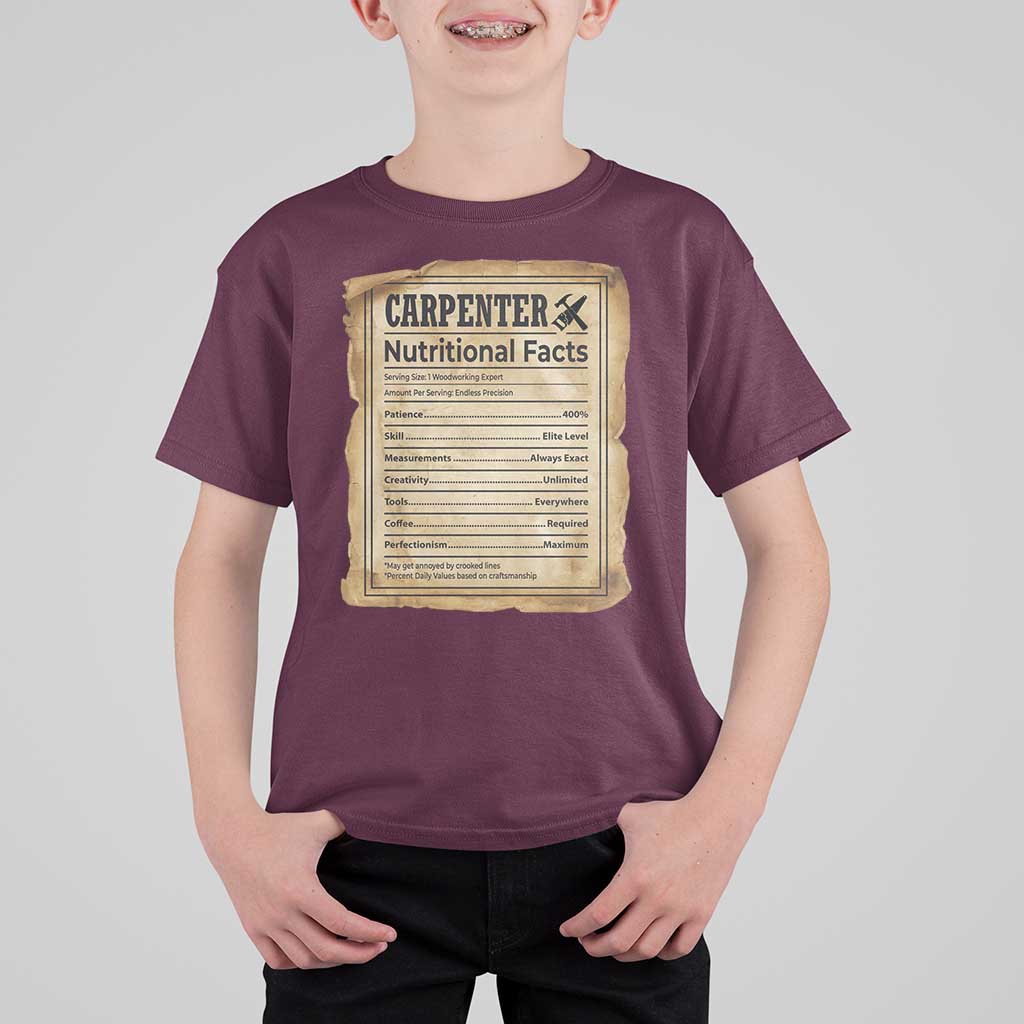 Woodworker Nutrition Label T Shirt For Kid Carpenter Nutritional Facts Graphic