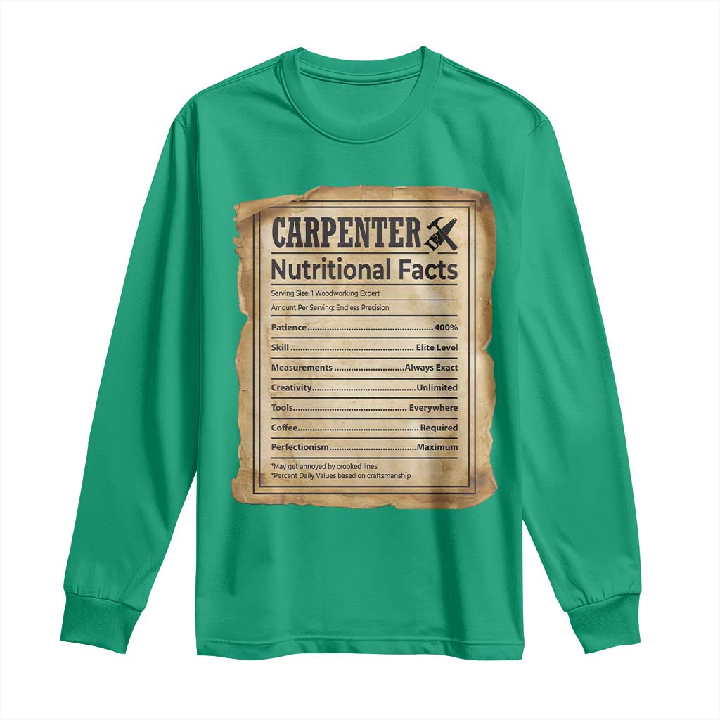 Woodworker Nutrition Label Long Sleeve Shirt Carpenter Nutritional Facts Graphic