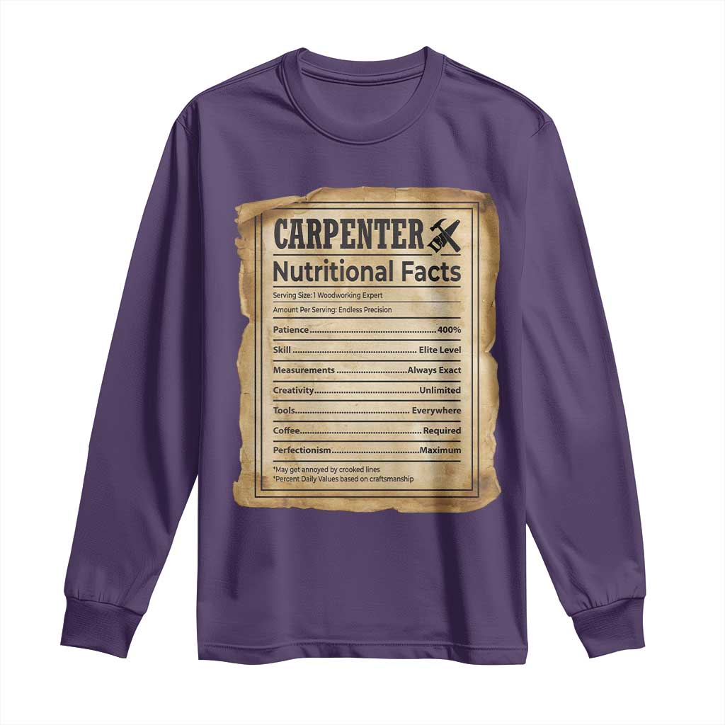 Woodworker Nutrition Label Long Sleeve Shirt Carpenter Nutritional Facts Graphic