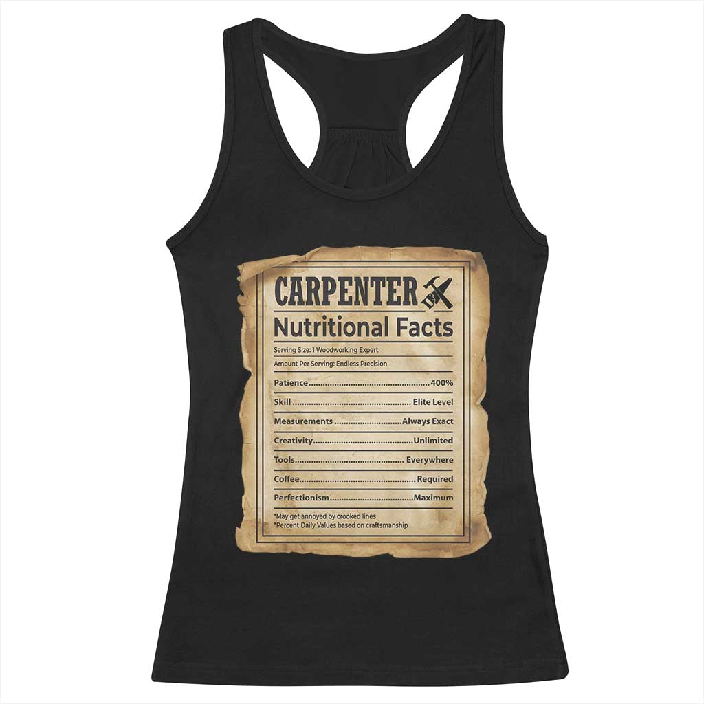 Woodworker Nutrition Label Racerback Tank Top Carpenter Nutritional Facts Graphic