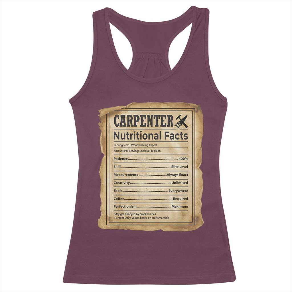 Woodworker Nutrition Label Racerback Tank Top Carpenter Nutritional Facts Graphic