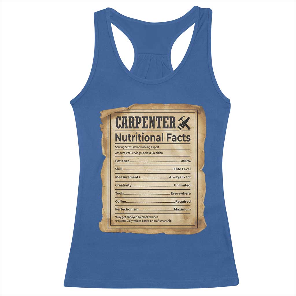 Woodworker Nutrition Label Racerback Tank Top Carpenter Nutritional Facts Graphic