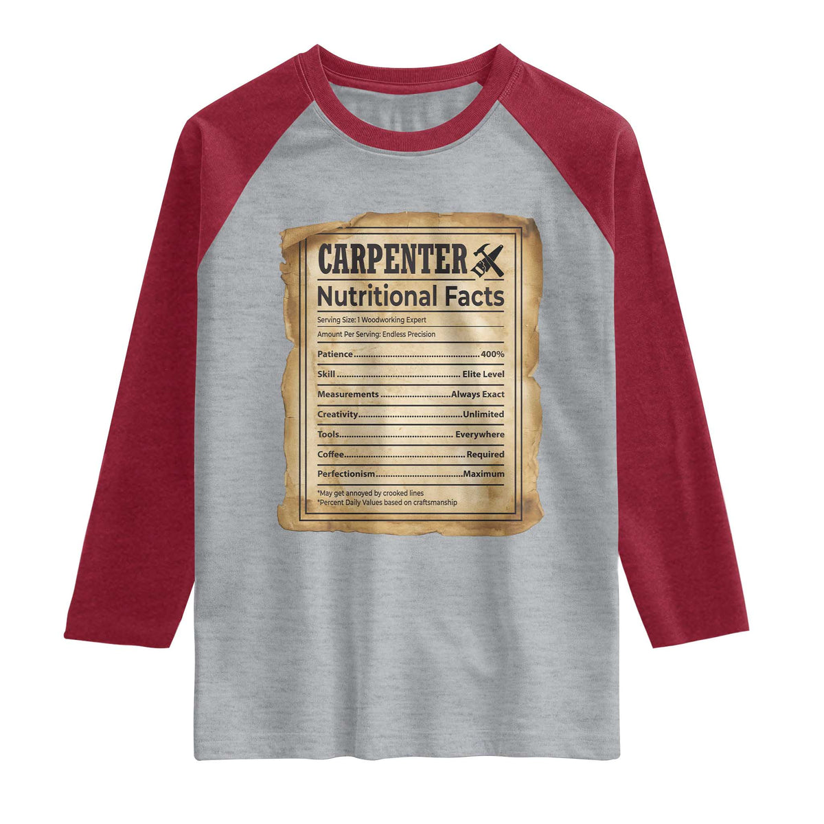 Woodworker Nutrition Label Raglan Shirt Carpenter Nutritional Facts Graphic