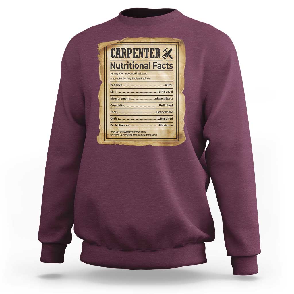 Woodworker Nutrition Label Sweatshirt Carpenter Nutritional Facts Graphic