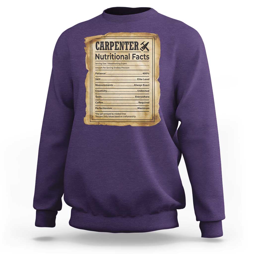 Woodworker Nutrition Label Sweatshirt Carpenter Nutritional Facts Graphic