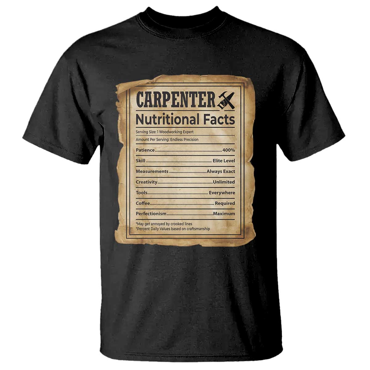 Woodworker Nutrition Label T Shirt Carpenter Nutritional Facts Graphic