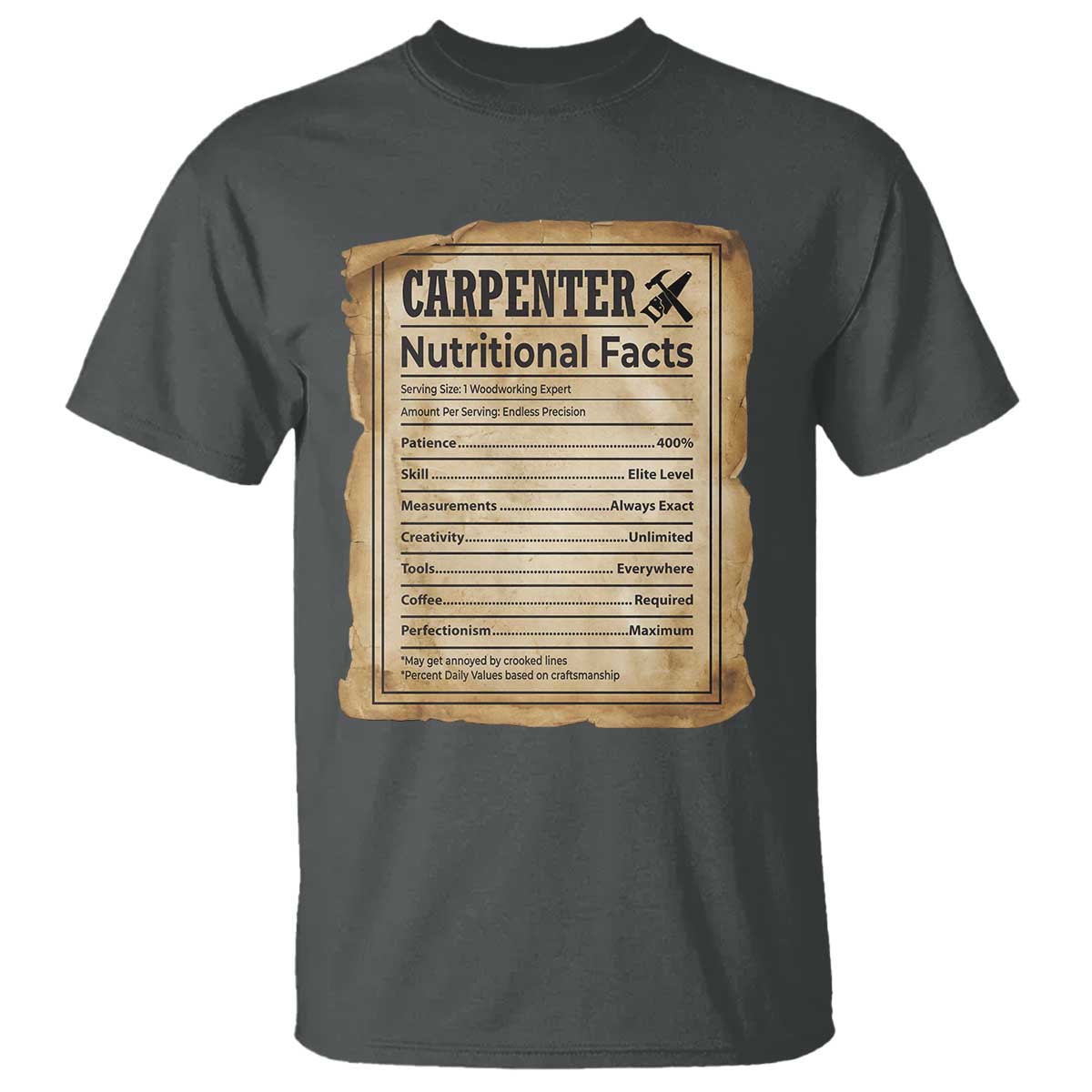 Woodworker Nutrition Label T Shirt Carpenter Nutritional Facts Graphic