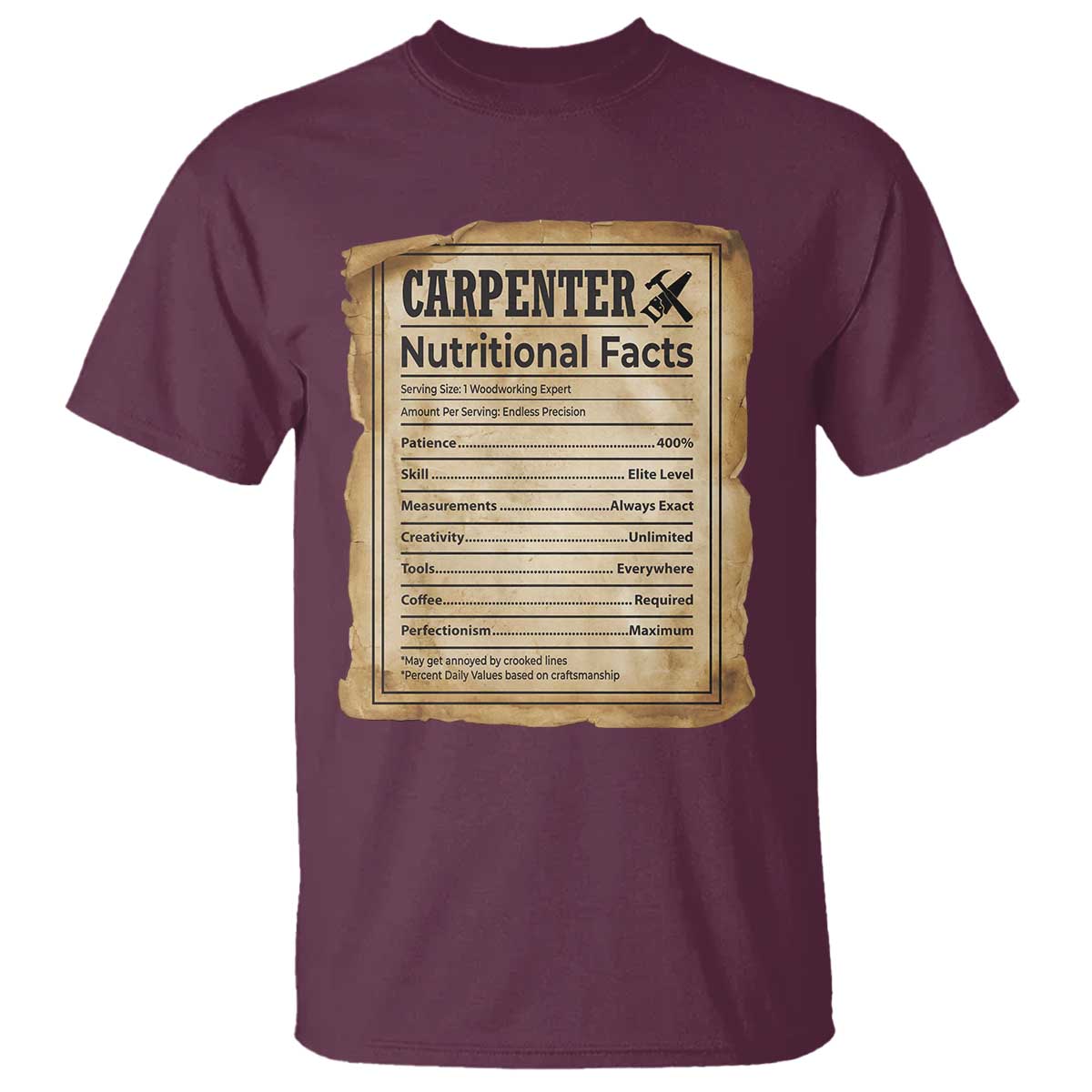 Woodworker Nutrition Label T Shirt Carpenter Nutritional Facts Graphic