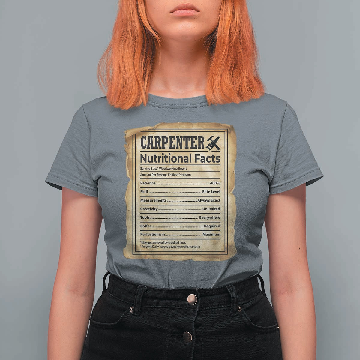 Woodworker Nutrition Label T Shirt For Women Carpenter Nutritional Facts Graphic