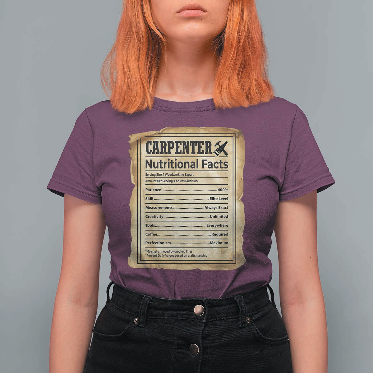 Woodworker Nutrition Label T Shirt For Women Carpenter Nutritional Facts Graphic