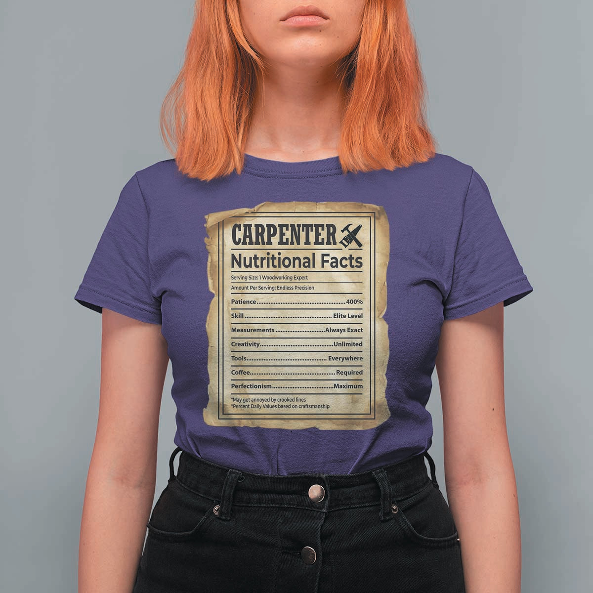 Woodworker Nutrition Label T Shirt For Women Carpenter Nutritional Facts Graphic