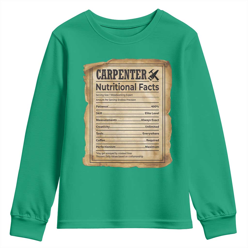 Woodworker Nutrition Label Youth Sweatshirt Carpenter Nutritional Facts Graphic