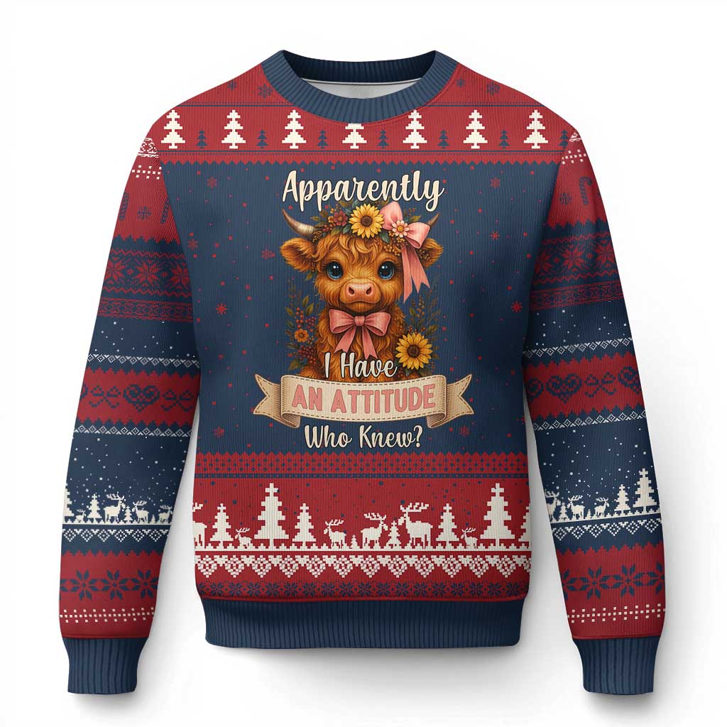 Apparently I Have An Attitude Who Knew Ugly Christmas Sweater Funny Sarcasm Highland Cow - Wonder Print Shop