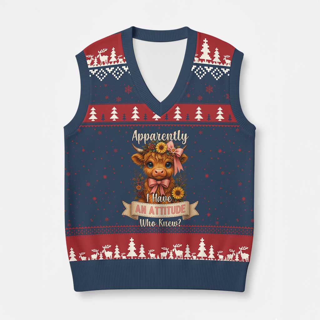 Apparently I Have An Attitude Who Knew V-Neck Knit Sweater Vest Funny Sarcasm Highland Cow - Wonder Print Shop