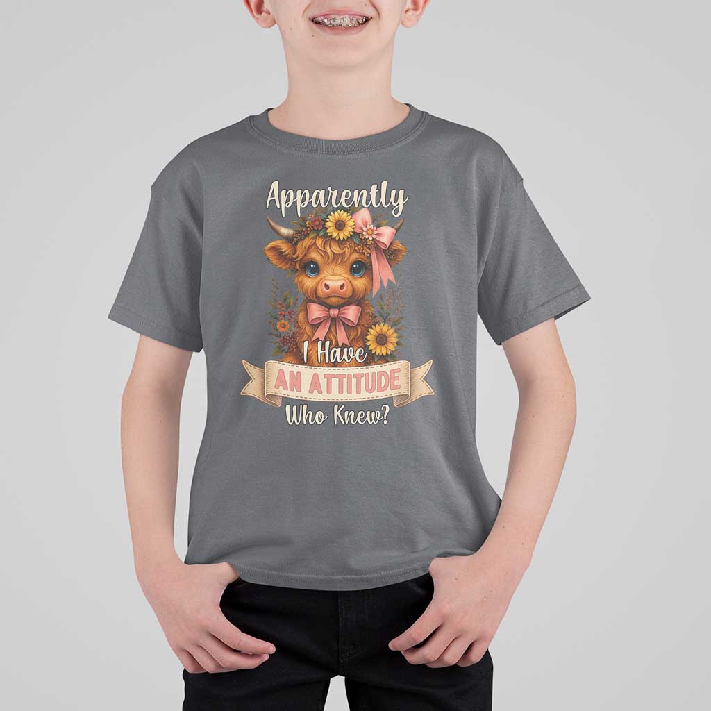 Apparently I Have An Attitude Who Knew T Shirt For Kid Funny Sarcasm Highland Cow - Wonder Print Shop